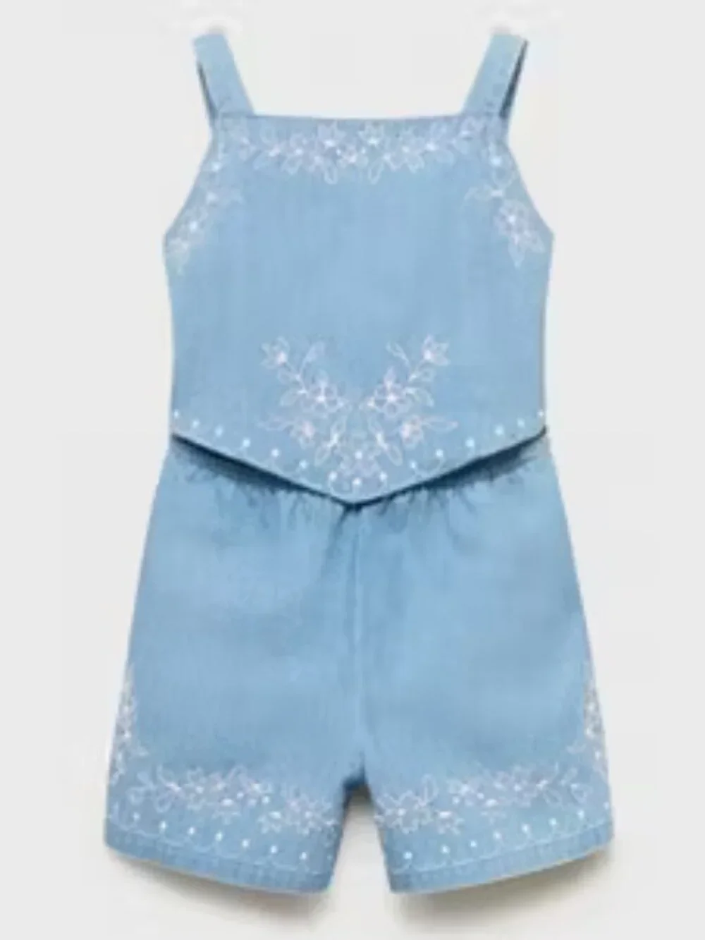NEW Mango Kids Denim Embroidered Floral Jumper Bib Shorts Outfit Sz 11 or 12